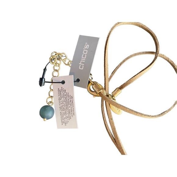 CHICO’S MULTI GEM AND ANTIQUE GOLD PENDANTS ON LONG TAN LEATHER CHAIN NECKLACE - Picture 6 of 8